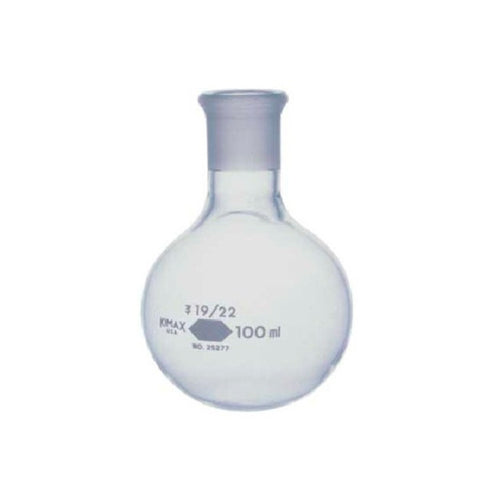 10747. MATRAZ DE EBULLICION DE VIDRIO 125ML FONDO PLANO CUELLO CORTO UNION ESMERILADA 24/40 - PYREX