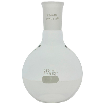 50625. MATRAZ DE EBULLICION DE VIDRIO 250ML FONDO PLANO CUELLO CORTO UNION ESMERILADA 24/40 - PYREX