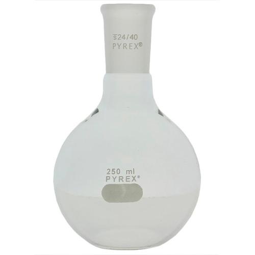 50625. MATRAZ DE EBULLICION DE VIDRIO 250ML FONDO PLANO CUELLO CORTO UNION ESMERILADA 24/40 - PYREX