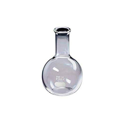 10748. MATRAZ DE EBULLICION DE VIDRIO 500ML FONDO PLANO CUELLO CORTO UNION ESMERILADA 24/40 - PYREX