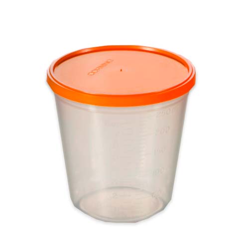 15367. CONTENEDOR DE POLIPROPILENO 250ML GRADUADO C/TAPA DE POLIETILENO A PRESION CAJA C/100 PIEZAS - CORNING