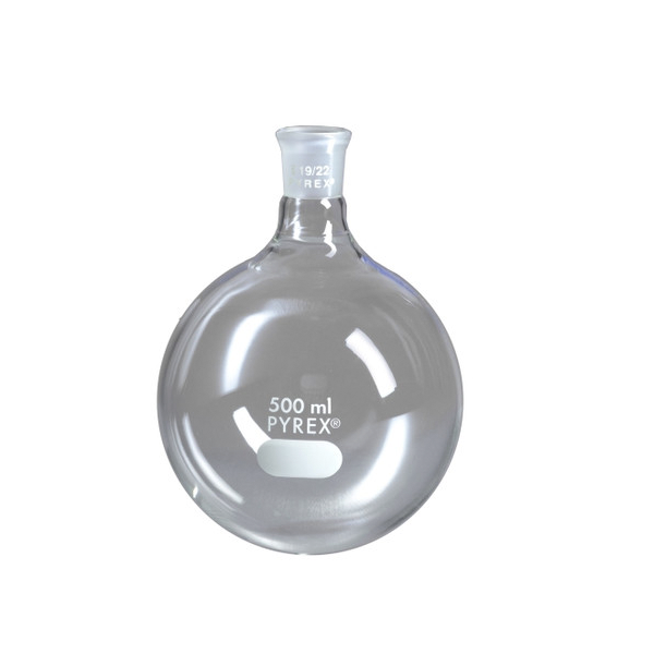 50667. MATRAZ DE EBULLICION DE VIDRIO 500ML FONDO REDONDO CUELLO CORTO UNION ESMERILADA 24/40 - PYREX