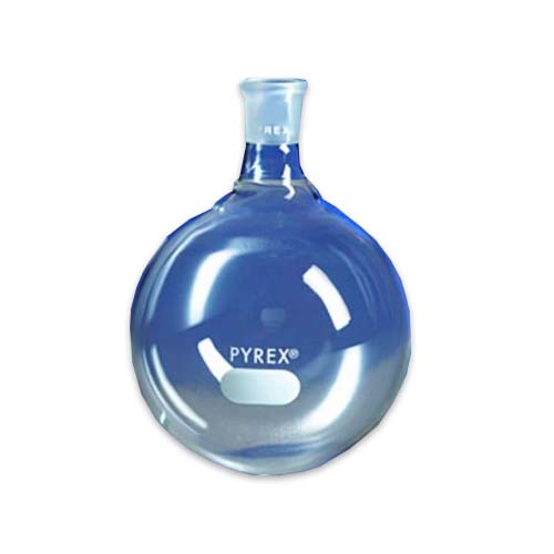 15176. MATRAZ DE EBULLICION DE VIDRIO 5LT FONDO REDONDO CUELLO CORTO UNION ESMERILADA 45/50 - PYREX