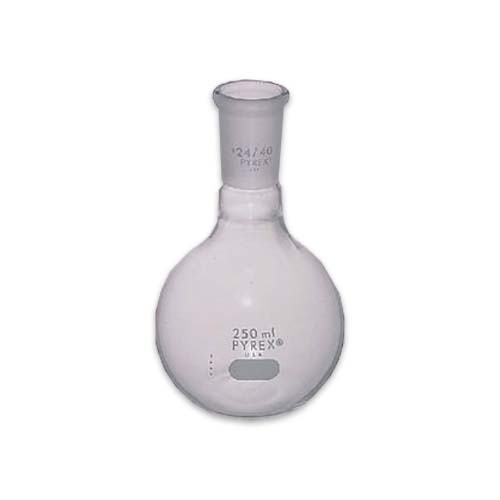 15164. MATRAZ DE EBULLICION DE VIDRIO 250ML FONDO REDONDO PARED GRUESA UNION ESMERILADA 24/40 - PYREX