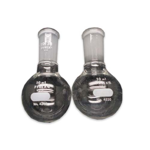 15173. MATRAZ DE EBULLICION DE VIDRIO 50ML FONDO REDONDO PARED GRUESA UNION ESMERILADA 24/40 - PYREX