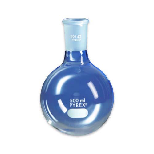 15171. MATRAZ DE EBULLICION DE VIDRIO 500ML FONDO REDONDO UNION ESMERILADA 29/42 - PYREX