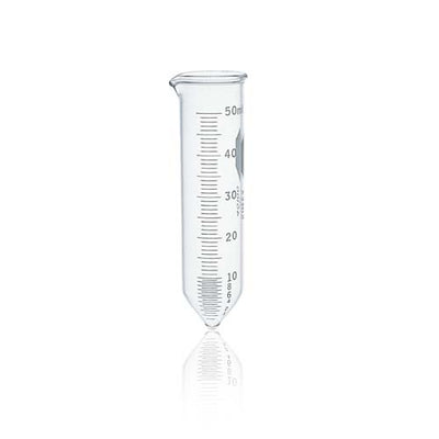 21576. TUBO P/CENTRIFUGA 50ML DE VIDRIO, FONDO CONICO, GRADUADO C/VERTEDERO LINEA BLANCA - KIMAX