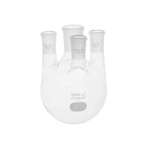 15192. MATRAZ DESTILACION DE VIDRIO 2LT FONDO REDONDO C/4 UNIONES ESMERILADAS, 1 45/50,  3 24/40 - PYREX