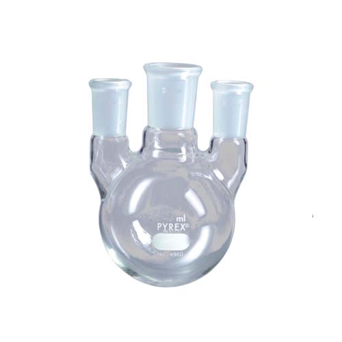 15189. MATRAZ DESTILACION DE VIDRIO 1LT, 3 BOCAS VERTICAL JUNTA CENTRAL 34/45 LATERALES 24/40 - PYREX