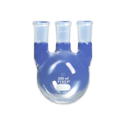 15190. MATRAZ DESTILACION DE VIDRIO 250ML, 3 BOCAS VERTICAL JUNTA CENTRAL 24/40 LATERALES 24/40 - PYREX