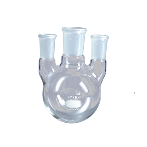 15193. MATRAZ DESTILACION DE VIDRIO 2LT, 3 BOCAS VERTICAL JUNTA CENTRAL 45/50 LATERALES 24/40 - PYREX