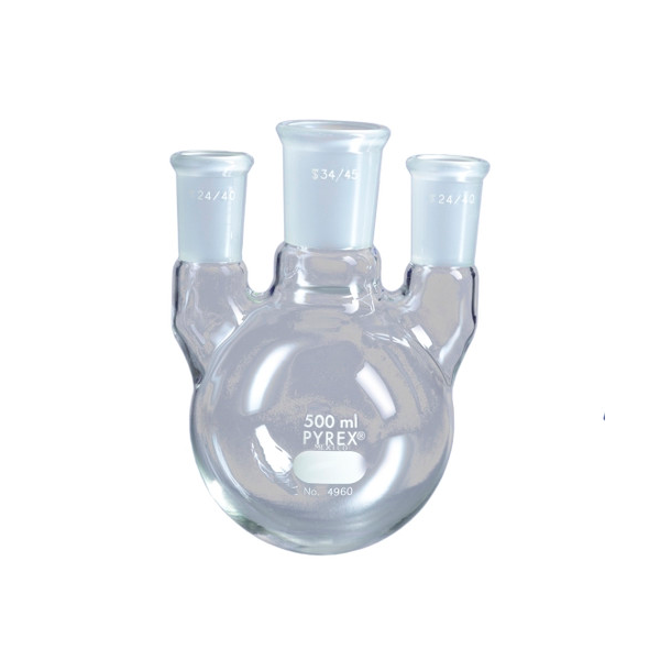 2600. MATRAZ DESTILACION DE VIDRIO 500ML, 3 BOCAS - PYREX