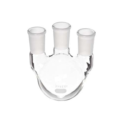 15188. MATRAZ DESTILACION DE VIDRIO 1LT, 3 BOCAS ANGULO LATERAL Y VERTICAL CENTRAL 24/40 - PYREX