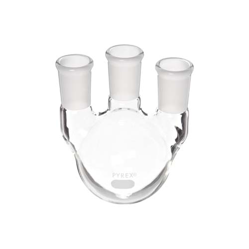 15188. MATRAZ DESTILACION DE VIDRIO 1LT, 3 BOCAS ANGULO LATERAL Y VERTICAL CENTRAL 24/40 - PYREX
