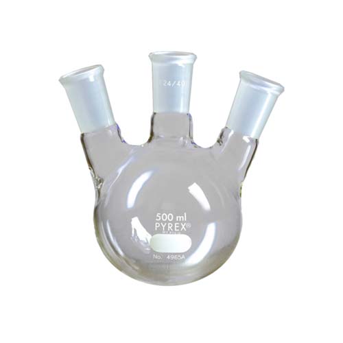 15195. MATRAZ DESTILACION DE VIDRIO 500ML, 3 BOCAS ANGULADO 3 JUNTAS 24/40 - PYREX