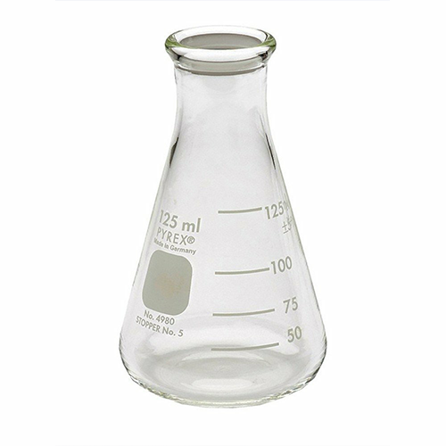 5797. MATRAZ ERLENMEYER DE VIDRIO 125ML BOCA ANGOSTA C/BORDE DE ALTA RESISTENCIA, REUSABLE PAQUETE C/2 PIEZAS PYREX