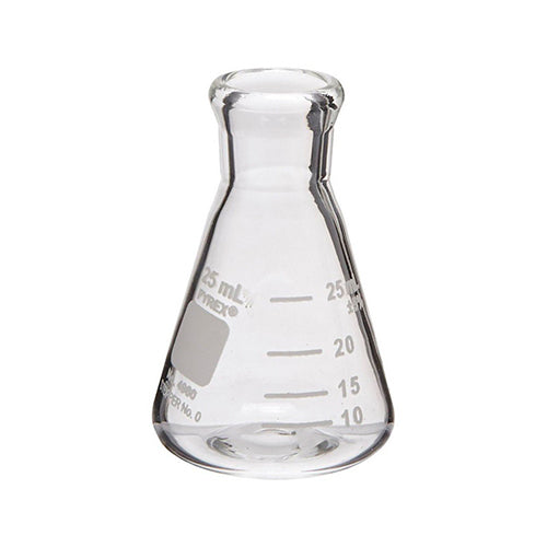 10752. MATRAZ ERLENMEYER DE VIDRIO 25ML BOCA ANGOSTA C/BORDE DE ALTA RESISTENCIA, REUSABLE PAQUETE C/3 PIEZAS PYREX