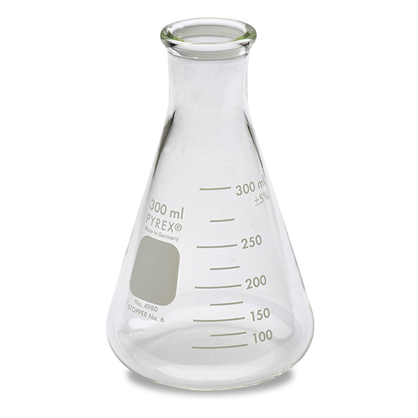 2905. MATRAZ ERLENMEYER DE VIDRIO 300ML BOCA ANGOSTA C/BORDE DE ALTA RESISTENCIA, REUSABLE PYREX