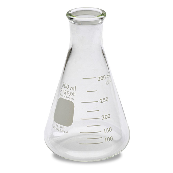 2905. MATRAZ ERLENMEYER DE VIDRIO 300ML BOCA ANGOSTA C/BORDE DE ALTA RESISTENCIA, REUSABLE PAQUETE C/2 PIEZAS PYREX