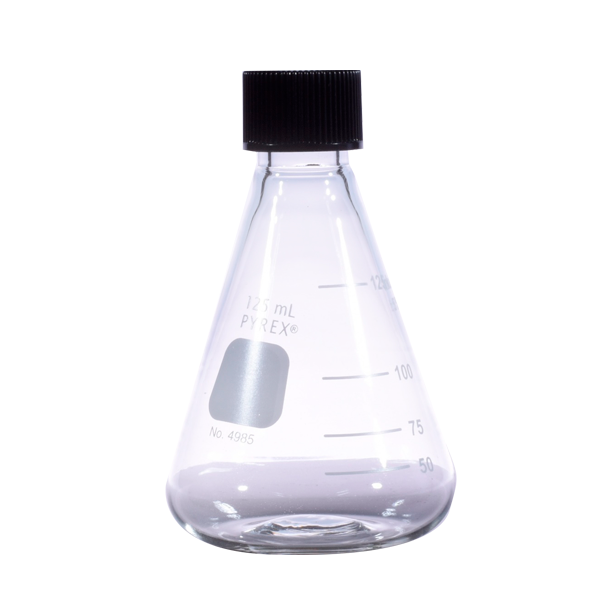 50370. MATRAZ ERLENMEYER DE VIDRIO 125ML BOCA ANGOSTA, GRADUADO C/TAPON DE ROSCA FENOLICO - PYREX