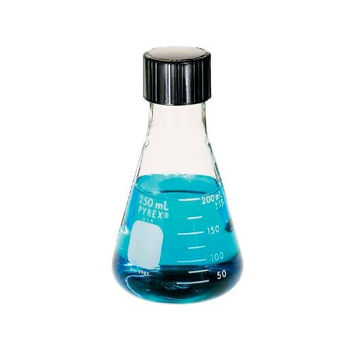 14157. MATRAZ ERLENMEYER DE VIDRIO 250ML BOCA ANGOSTA, GRADUADO C/TAPON DE ROSCA FENOLICO - PYREX