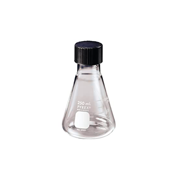 2874. MATRAZ ERLENMEYER DE VIDRIO 50ML BOCA ANGOSTA, GRADUADO C/TAPON DE ROSCA FENOLICO - PYREX