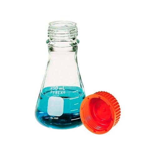 50369. MATRAZ ERLENMEYER DE VIDRIO 250ML BOCA ANCHA C/TAPON DE ROSCA NARANJA - PYREX