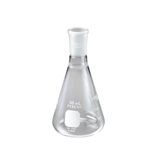 2828. MATRAZ ERLENMEYER DE VIDRIO 50ML BOCA ANGOSTA C/TAPON ESMERILADO - PYREX