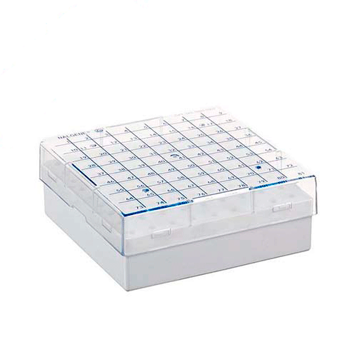 1626. CAJA DE ALMACENAMIENTO C/TAPA TRANSPARENTE P/81 MICROTUBOS 0.2ML - NALGENE