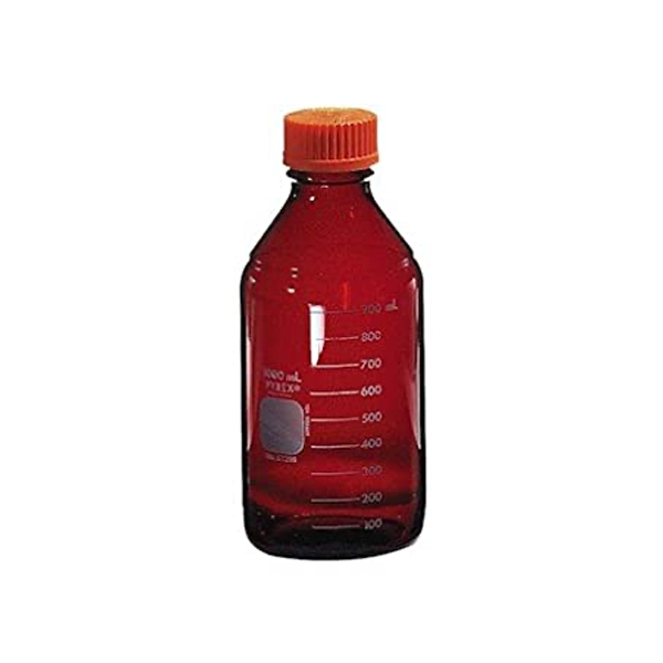 2668. FRASCO VIDRIO AMBAR 250ML P/MEDIO DE CULTIVO, GRADUADO BAJO ACTINICO C/TAPON DE ROSCA NARANJA - PYREX