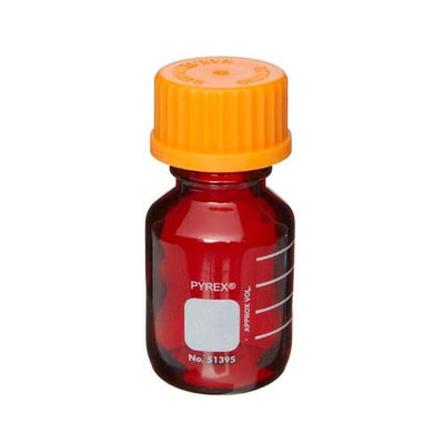 15233. FRASCO VIDRIO AMBAR 50ML P/MEDIO DE CULTIVO, GRADUADO BAJO ACTINICO C/TAPON DE ROSCA NARANJA - PYREX