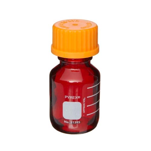 15233. FRASCO VIDRIO AMBAR 50ML P/MEDIO DE CULTIVO, GRADUADO BAJO ACTINICO C/TAPON DE ROSCA NARANJA - PYREX