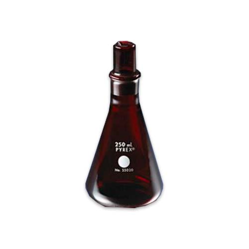 15236. MATRAZ ERLENMEYER DE VIDRIO 250ML BOCA ANGOSTA BAJO ACTINICO C/TAPON ESMERILADO - PYREX