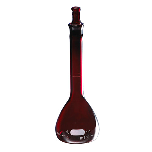 11526.MATRAZ VOLUMETRICO DE VIDRIO 100ML CLASE A BAJO ACTINICO BOCA ANCHA REFORZADO C/TAPON ESMERILADO - PYREX