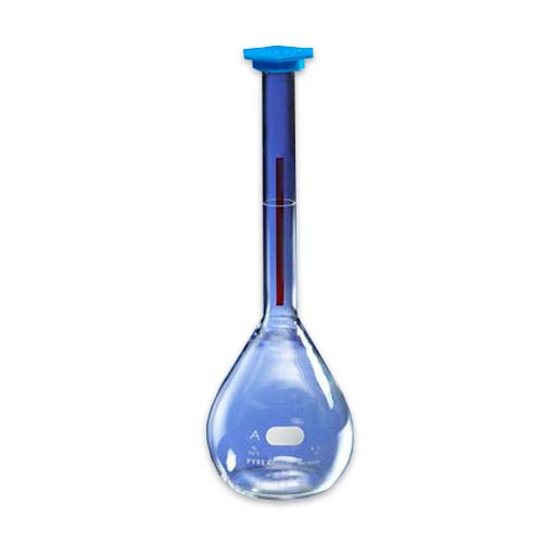 15244. MATRAZ VOLUMETRICO DE VIDRIO 100ML CLASE A LINEA ROJA C/TAPON DE PLASTICO SNAP-CAP - PYREX