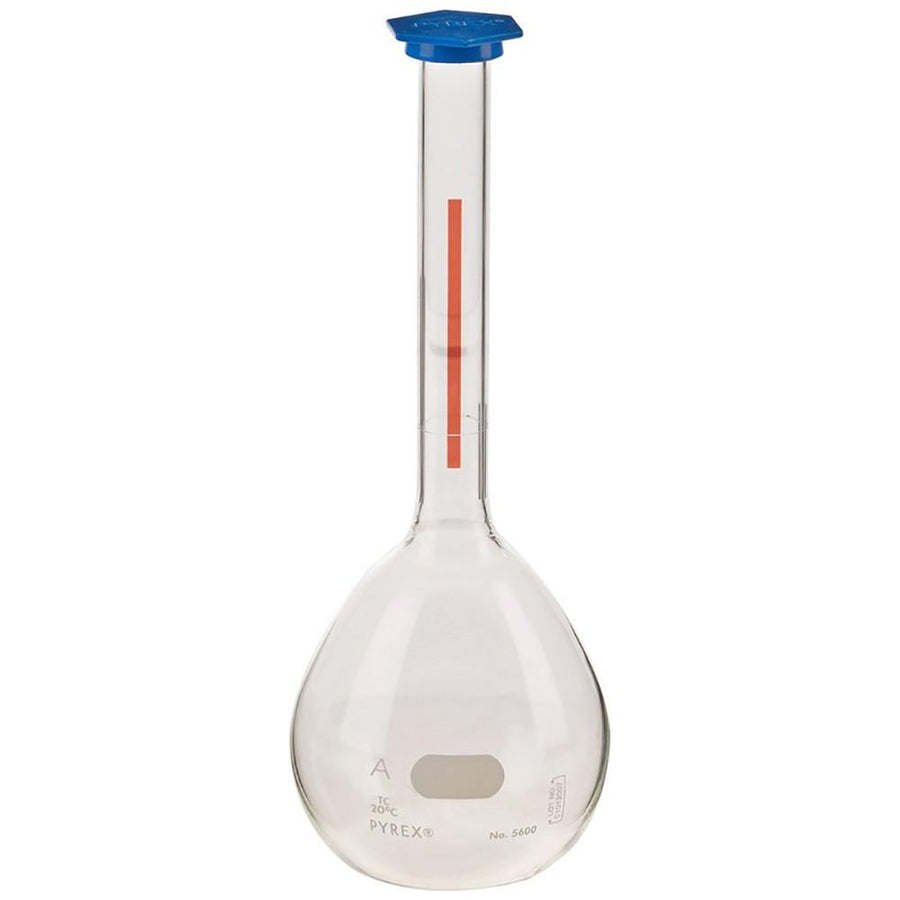 1304. MATRAZ VOLUMETRICO DE VIDRIO CLASE A 25ML LINEA ROJA C/TAPON DE PLASTICO SNAP-CAP - PYREX