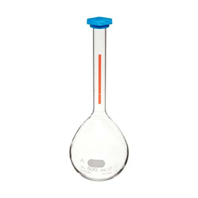 15267. MATRAZ VOLUMETRICO DE VIDRIO 500ML CLASE A LINEA ROJA C/TAPON DE PLASTICO SNAP-CAP - PYREX