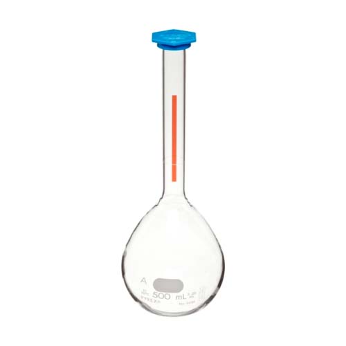 15267. MATRAZ VOLUMETRICO DE VIDRIO 500ML CLASE A LINEA ROJA C/TAPON DE PLASTICO SNAP-CAP - PYREX