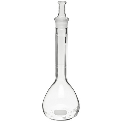 2884. MATRAZ VOLUMETRICO DE VIDRIO 5ML CLASE A LINEA BLANCA C/TAPON ESMERILADO PYREX