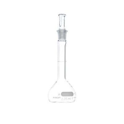 15259. MATRAZ VOLUMETRICO DE VIDRIO 25ML CLASE A CERTIFICADO/SERIALIZADO POR LOTE, C/TAPON DE VIDRIO - PYREX