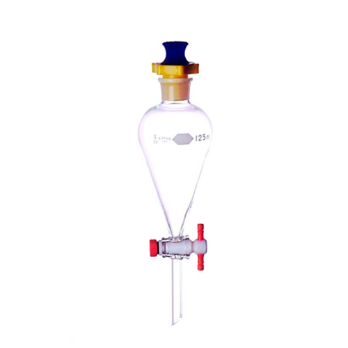 5646. EMBUDO DE SEPARACION SQUIBB DE VIDRIO 500ML FORMA PERA C/LLAVE TEFLON Y TAPON POLIETILENO - KIMAX