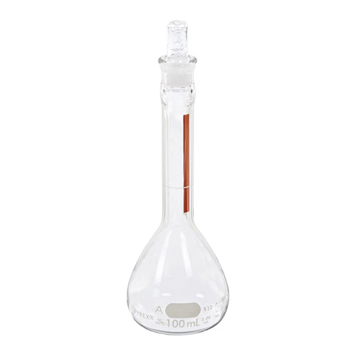 4776. MATRAZ VOLUMETRICO DE VIDRIO 100ML CLASE A LINEA ROJA C/TAPON ESMERILADO - PYREX