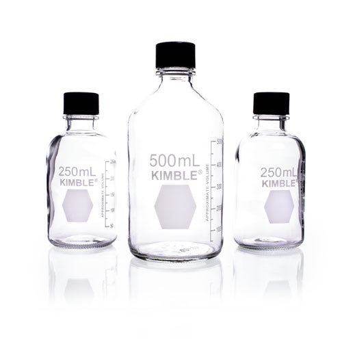 26926. FRASCO DE VIDRIO CLARO 500ML DE MEDIOS/ALMACENAMIENTO, GRADUADO, BOCA ANCHA C/TAPA ROSCADA Y REVESTIMIENTO DE CAUCHO KIMAX