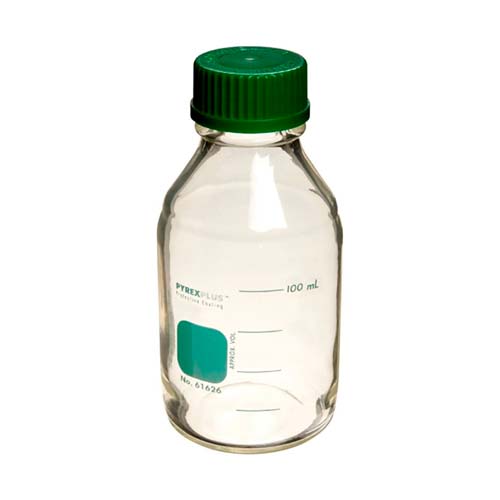 14994. FRASCO VIDRIO CLARO 100ML P/ALMACENAMIENTO DE MEDIOS C/TAPA DE ROSCA VERDE PLUS - PYREX VISTA
