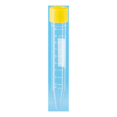 26966. TUBO DE POLIPROPILENO 10ML, 100X16MM FONDO CONICO ESTERIL C/TAPA AMARILLA PAQUETE C/100 PIEZAS SARSTEDT