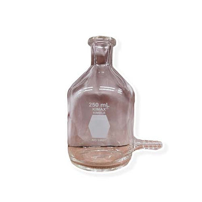 21321. BOTELLA DE VIDRIO BOROSILICATO 250ML BOCA ANGOSTA PUNTO DE MARCADO DE ESMALTE BLANCO C/SALIDA INFERIOR P/MANGUERA KIMAX
