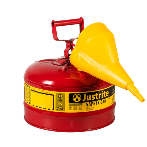 23659. BIDON DE SEGURIDAD 2.5GAL (9LT) DE ACERO ROJO P/PRODUCTOS INFLAMABLES TIPO I C/EMBUDO Y PARALLAMAS JUSTRITE