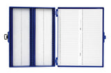 4235. CAJA P/100 LAMINILLAS COLOR AZUL, INTERIOR ESPUMA C/BROCHE HEATHROW