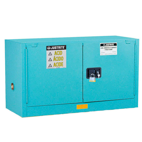 23615. GABINETE DE SEGURIDAD 17GAL DE ACERO AZUL P/CORROSIVOS/ACIDOS, CHEMCOR PIGGYBACK C/1 ESTANTE Y 2 PUERTAS DE CIERRE AUTOMATICO JUSTRITE