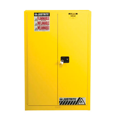 23618. GABINETE DE SEGURIDAD 60GAL DE ACERO AMARILLO P/PINTURA, SURE-GRIP EX C/5 ESTANTES Y 2 PUERTAS DE CIERRE MANUAL JUSTRITE